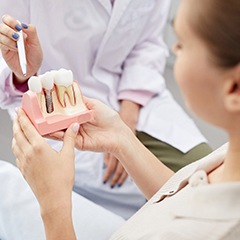 dentist showing a dental implant model to a patient 