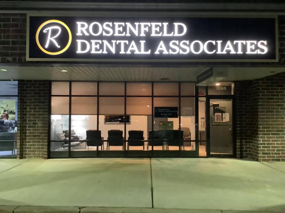 a nighttime view of the exterior of Rosenfeld Dental Associates